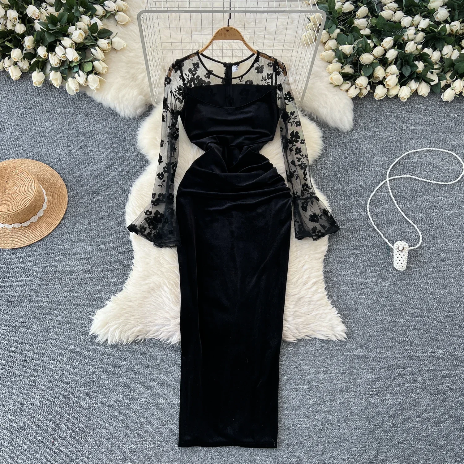 Chic O-neck Vintage Long Sleeve Elegant Embroidered Mesh Spliced Velvet Slim Dresses French Evening High Street Autumn Clothing