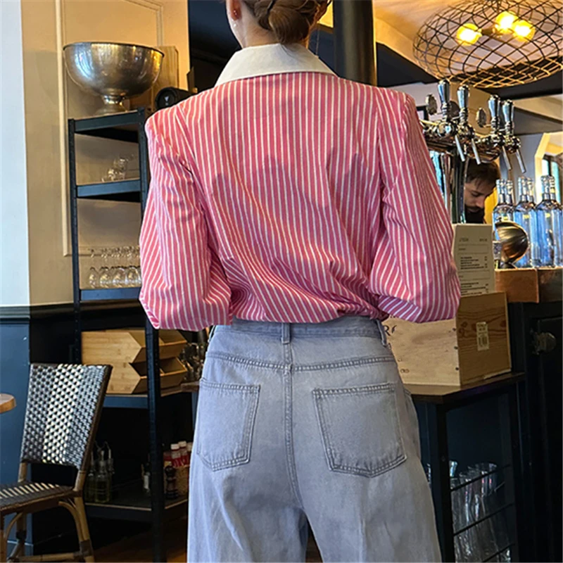 REALEFT Spring Summer Elegant Striped Women\'s Blouse One Pocket Turn-down Collar Single Breated Korean Shirts Female 2024 New