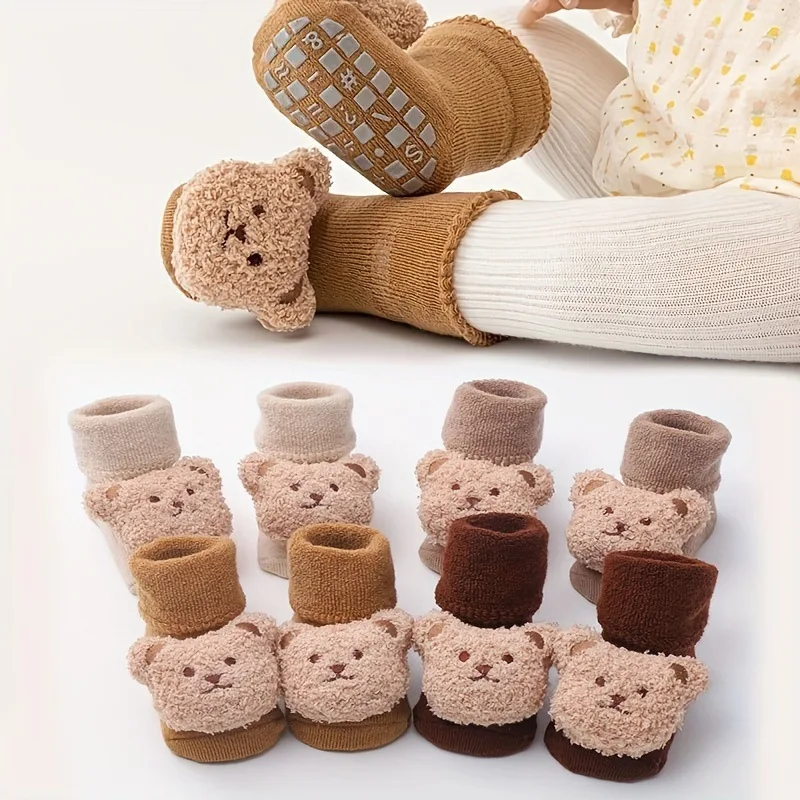 2025New Cute Cartoon Bear Baby Socks For Boys Girls Winter Soft Cotton Anti Slip Solid Newborn Toddler Sock Kids Thicken SockS