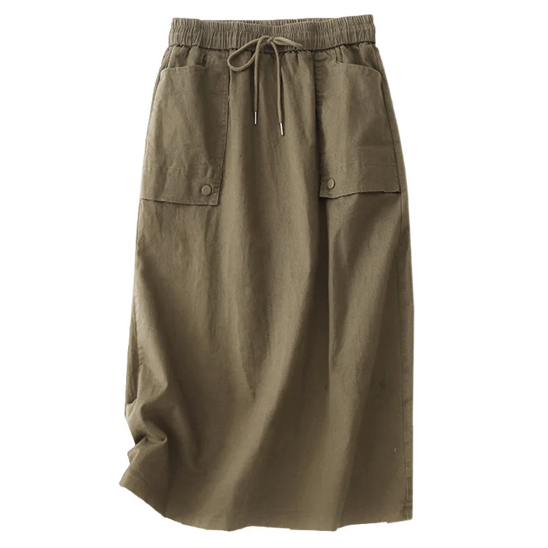 Modne koreańskie spódnice damskie na wiosnę i lato 2025, z dużymi kieszeniami, midi, eleganckie, z wysokim stanem, codzienne, elastyczne, uniwersalne.