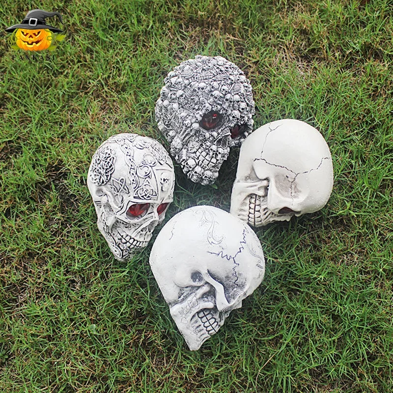 Halloween decoration with lights, skull head, resin multi head, novel and glowing haunted house, secret room, prank and frighten