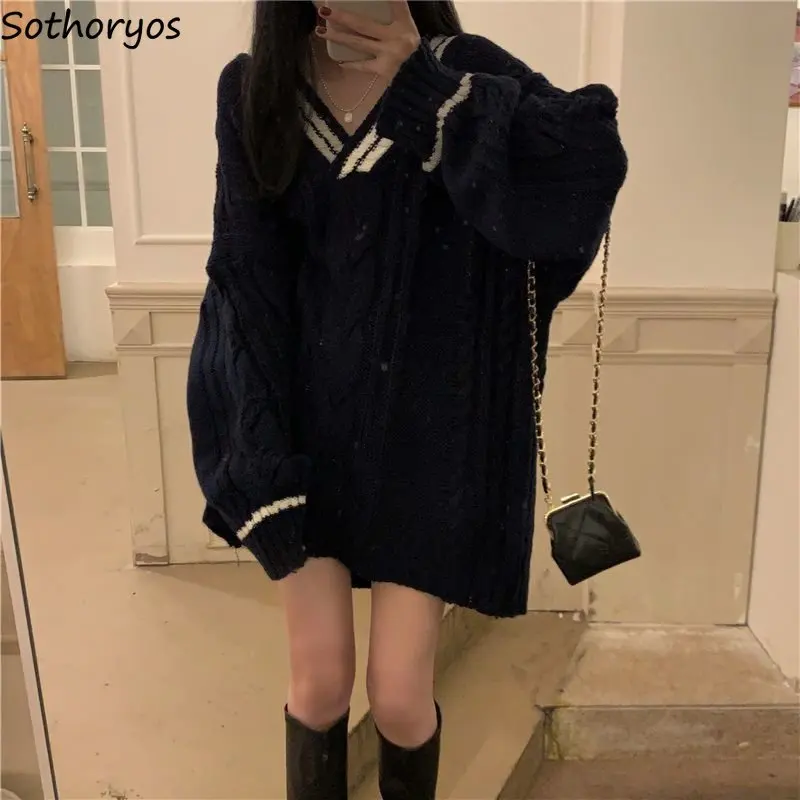 

Pullovers Women Patchwork Daily Vintage Basic All-match Students Thicken Sweater Loose Korean Style V-neck Winter Leisure Simple