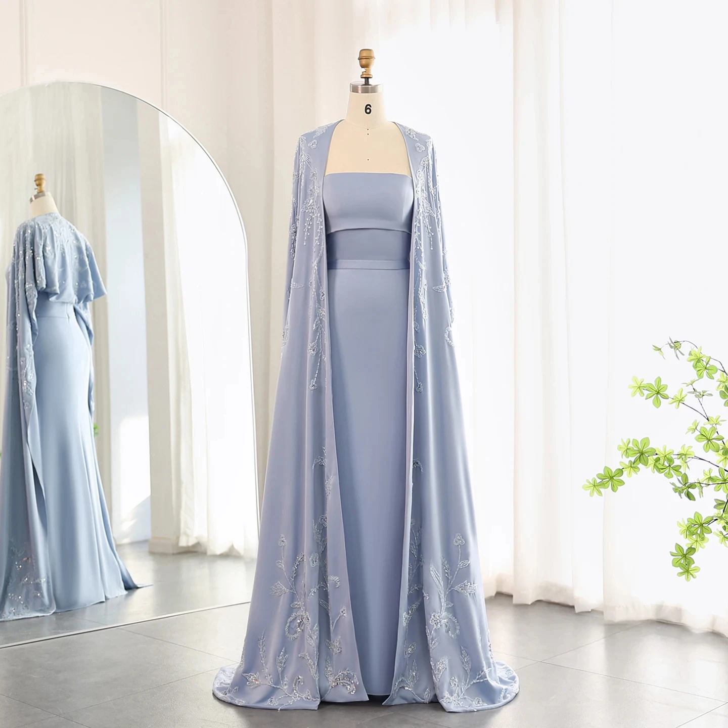 Jancember Arabic Blue Mermaid Evening Dress with Cape Sleeves 2024 Luxury Beaded Dubai Women Wedding Guest Party Gowns SZ407