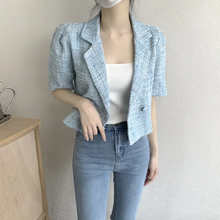 

Женский шикарный летний ароматный костюм, пальто, двухрядный, с двумя пуговицами, свободные универсальные твидовые пиджаки с короткими рукавами