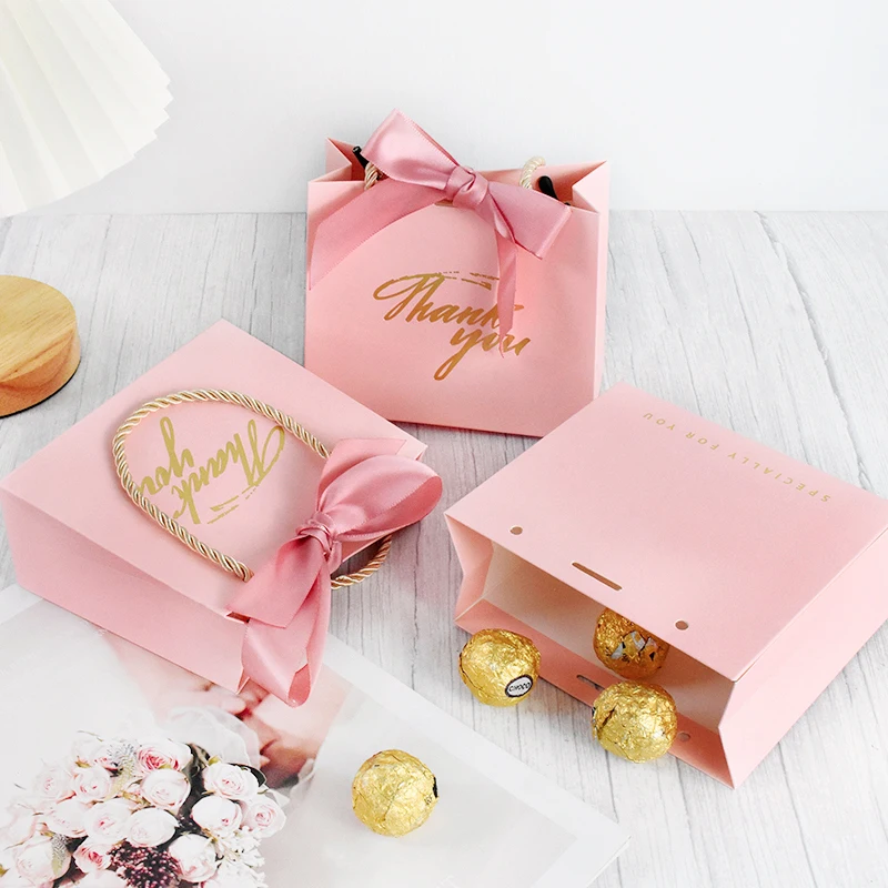 5pcs Pink Thank You Candy Bags Wedding Favors Biscuit Gift Packaging Paper Handbag For Children Birthday Party Decor Baby Shower