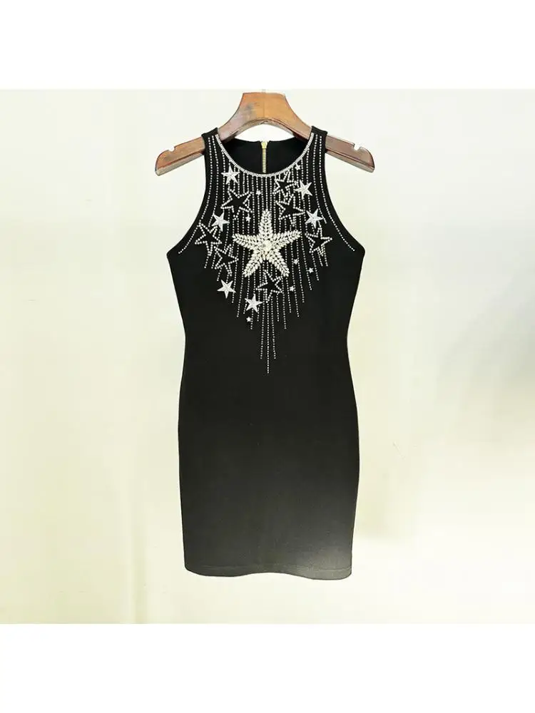 

Beading Lady's Vest Dress 2025 Summer European Fashion Embroidery Nail Beaded Elastic Sleeveless Women's Black Dress