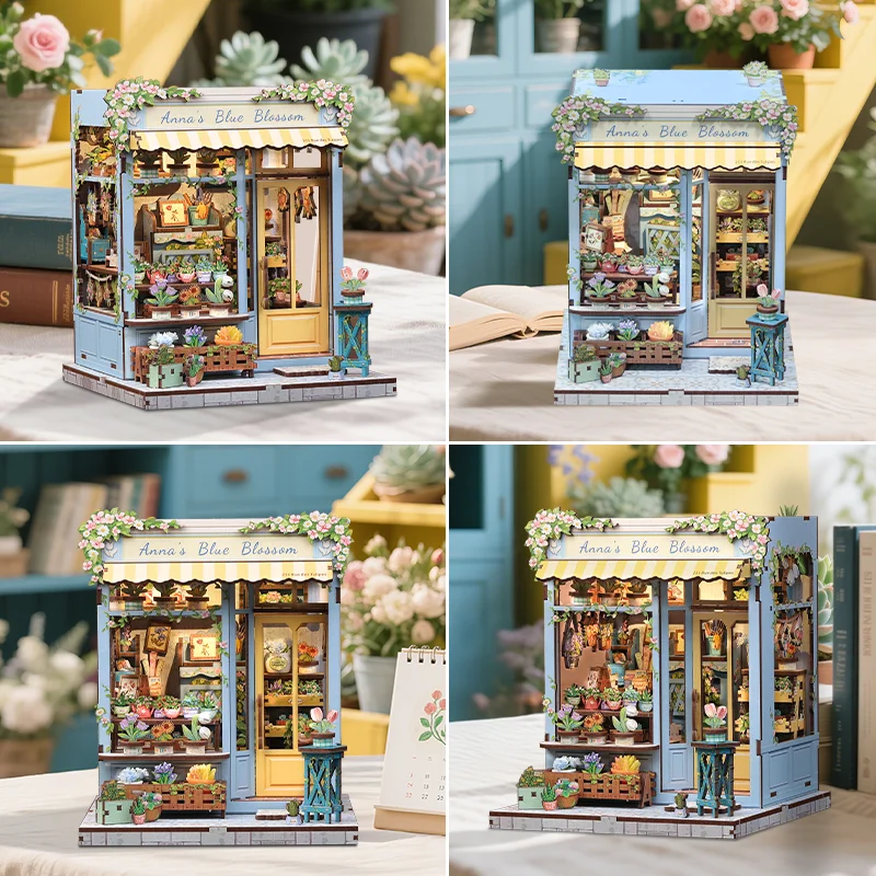 CUTEBBE 3D Wooden Puzzle DIY Doll House Book Nook Kit with LED Light Bookshelf Insert Anna's Blue Blossom For Home Decor