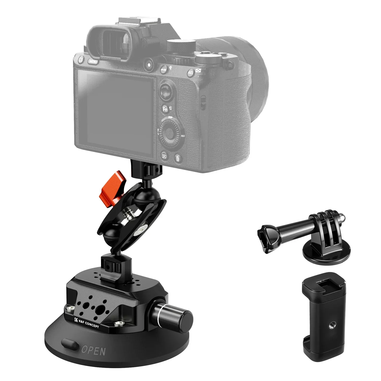 K&F CONCEPT Zuignap Camera Mount met Magic Arm Stijl 1/4 "3/8" Threads Quick Release Auto Mount voor Gopro DJI Insta360