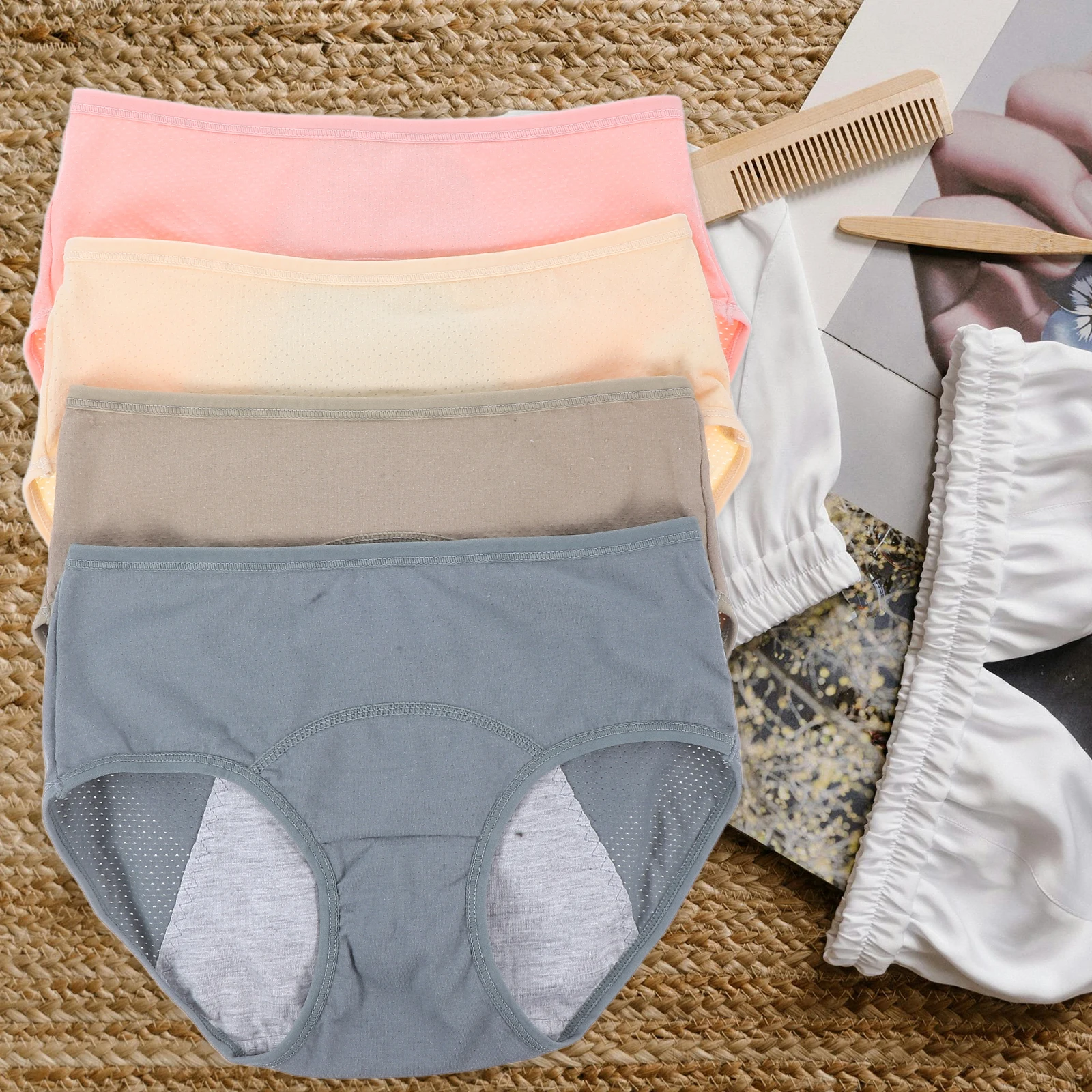 

4pcs Women Menstrual Underwear Heavy Flow Leak-proof Cotton Panties Soft Breathable Midrise Period Briefs M Size