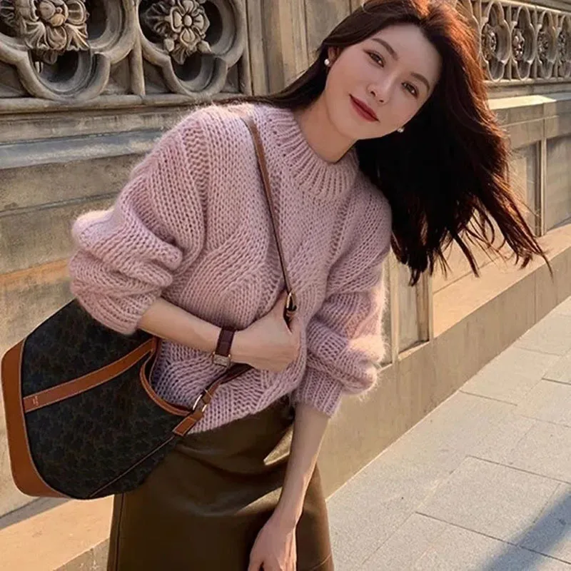 Biyaby Twist Knitted Sweater Woman Autumn Winter Lazy Style O-Neck Solid Pullovers Women Casual Basic Loose Pullover Ladies