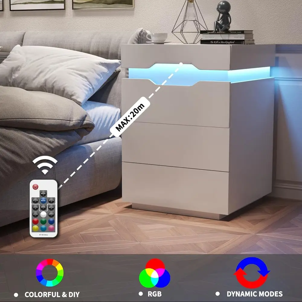 

LED-lit Charging Nightstand, 3-Drawer End Table, Large Capacity Bedside Table, 2-Piece Bedroom Set, 27.5 White