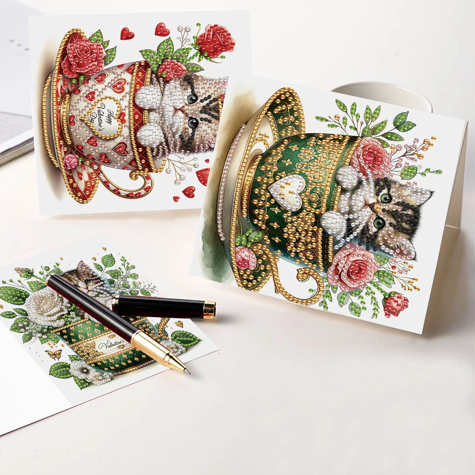 6Pcs Diamond Art Painting Greeting Card Kits,Teacup Cat festival Greeting Cards with Envelopes Diamond Art Craft Birthday Cards