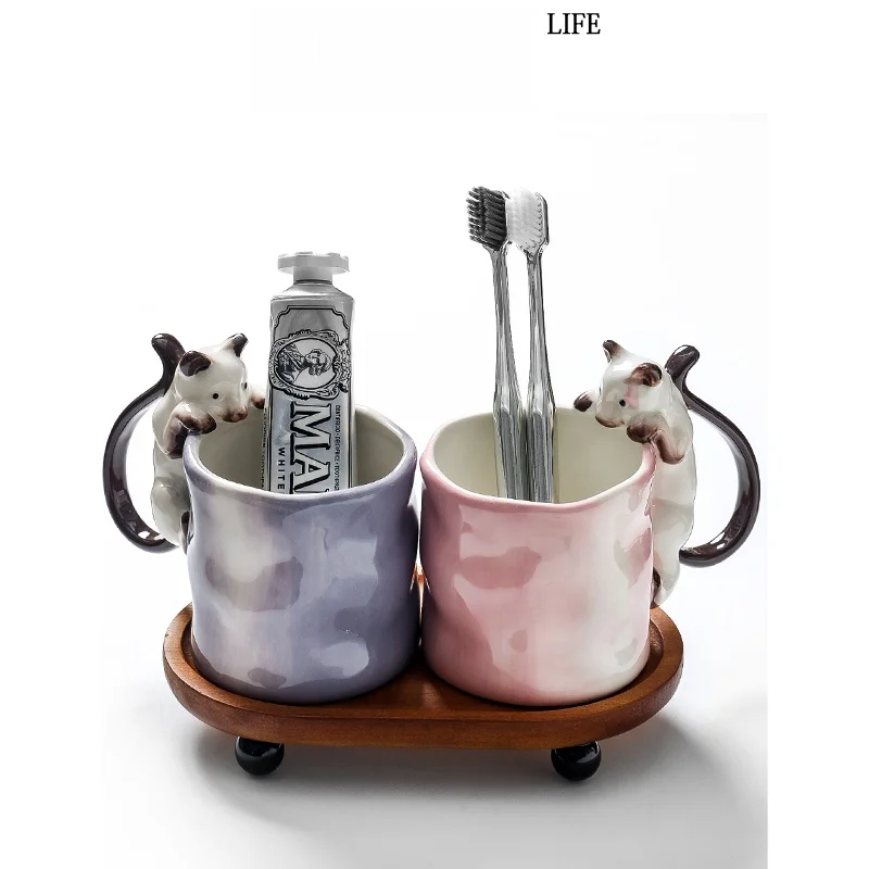 

Ceramic Siamese Toothbrush Cup Set Creative Couple Oral Care Organizer Holder Non-Slip Handle Bathroom Storage Rack