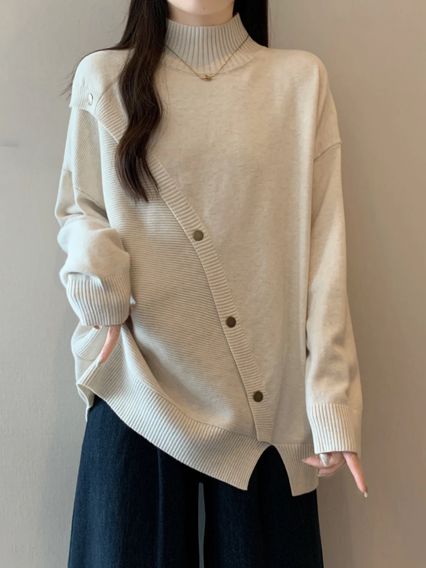 Women's Knitted Base Layer Shirt Half High Collar Sweater Spring Autumn plus Size Slimming Belly Cover Asymmetric Top