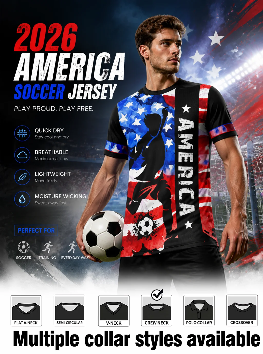 USA soccer jersey,flag splash background,player silhouette,AMERICA print,quick‑dry,multiple collar styles