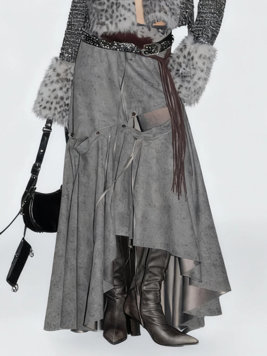 TWOTWINSTYLE Hit Color Loose Spliced Lace Up Irregular Skirts for Women High Waist Patchwork Buttons Fashion Long Skirt Female