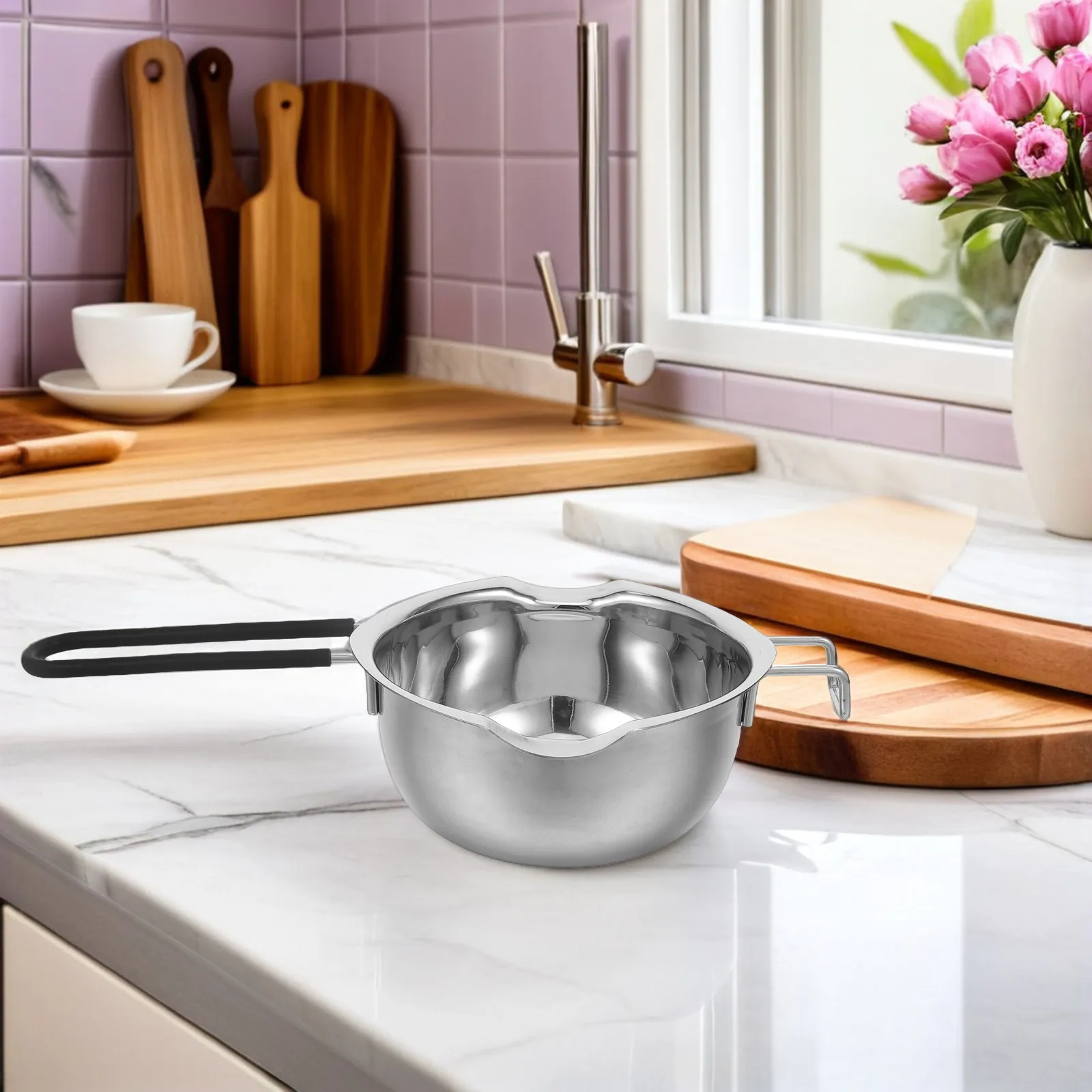 600Ml Double Boiler Chocolate Melting Pot Stainless Steel Melting Bowl Anti-Scald Handle Double Spout Candy Butter Cheese Sauce