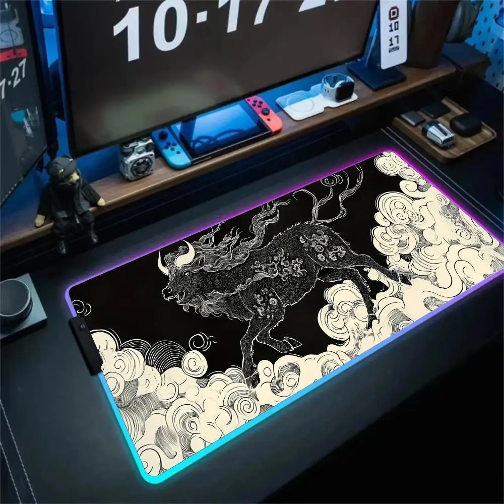 

RGB Mouse pad Japanese-style divine beast ox LED glow gaming mat rubber anti-slip Desk Mat pc accessories Gaming keypad mousepad