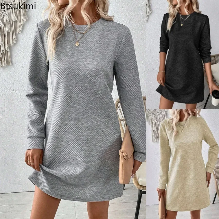 

2025 Autumn Winter Women Causal Simple and VersatileTrendy Dress Round Neck Long Sleeve Short Skirt Fashion Elegant Solid Dress