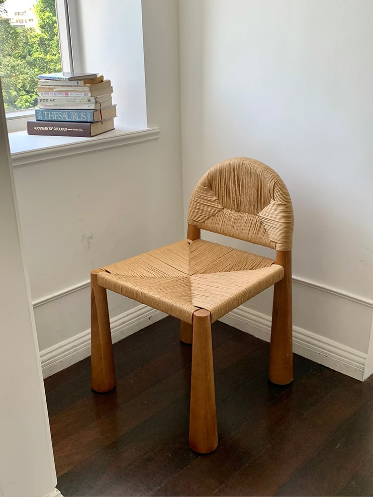 Grass vine solid wood dining chair, ash log Japanese, simple small house, niche backrest chair