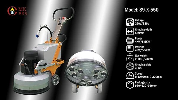 22 Inch 9 Heads Planetary 220V/380V Concrete Floor Grinding Machine 5.5KW Motor Led Lamp Engine Gearbox 230kg