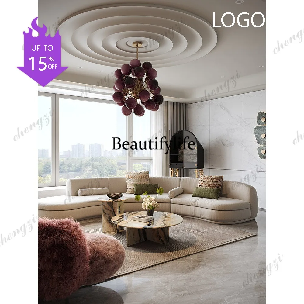 

M132 Smoke powder marble coffee table size round combination French small apartment natural luxury stone coffee table