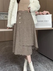 Vintage Irregular Woolen Mid-length Skirt for Women Elegant OL Elastic Waist Buttons Deco Asymmetry Skirts Fall Winter New