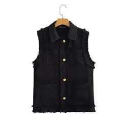 Black Tweed Vest Autumn Winter New Raw Edge Texture  Turndown Collar Sleeveless Jacket 2024 New Elegant Single Breasted Top