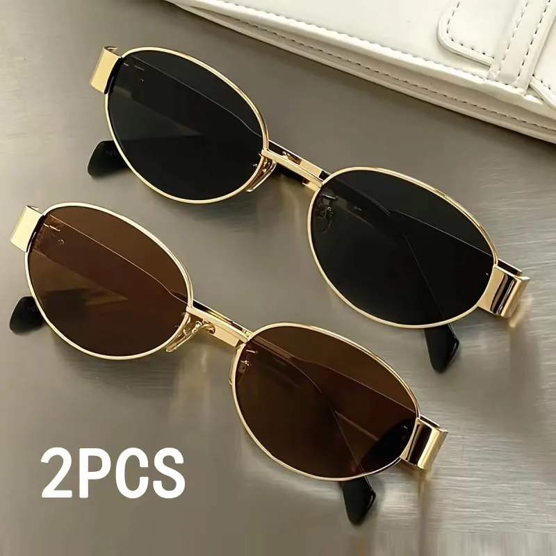 2pcs Oval Shape Metal Sunglasses Classic Men's Vintage Sun Glasses Women Outdoor Leisure Eyewear UV400 Ladies Shades