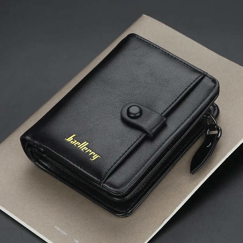 

Hot Sale Men's Short Wallet Hasp Card Holder Zipper Coin Purse PU Leather Small Bifold Wallets for Male Black Money Bag