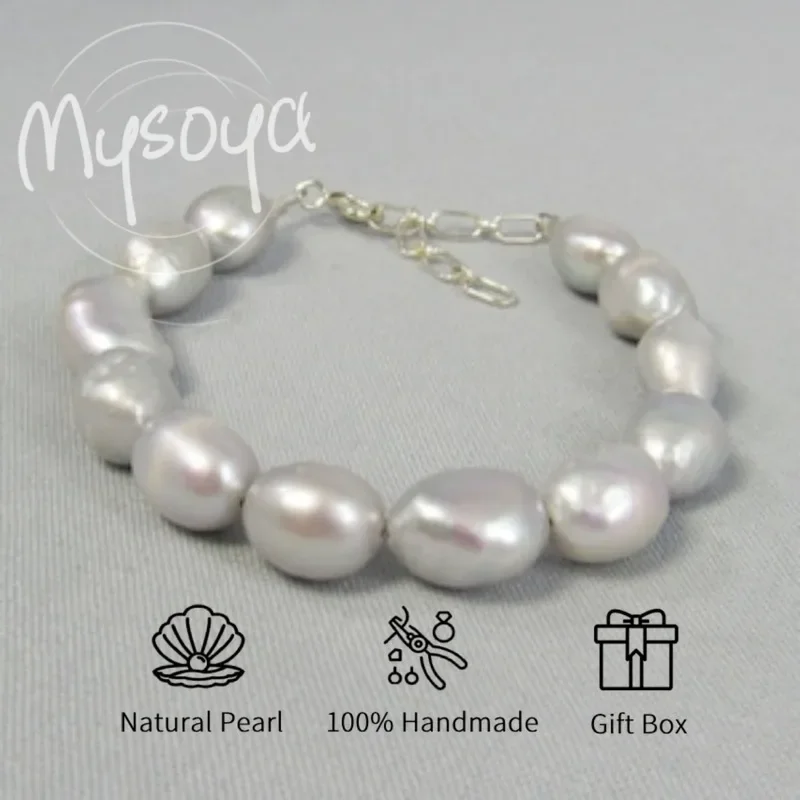 

MYSOYA Gray Baroque Freshwater Pearl Bracelet 8-9mm With Gift Box For Her/Him Birthday/Wedding/Christmas/New Year Gift