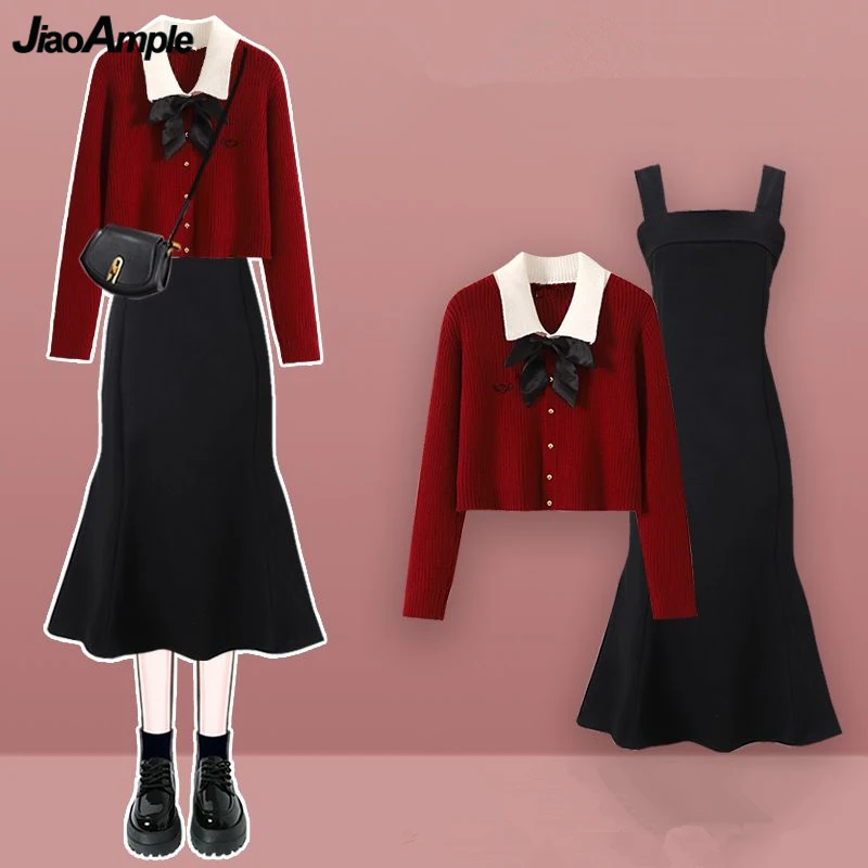 Preppy Style Lucky Red Knit Short Bowknot Jackets Black Trumpet Vest Dress 1 or 2 Piece Set Spring Autumn Sweater Dresses Suits