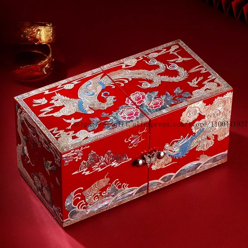 

Chinese Dragon Phoenix Jewelry Box Premium Solid Wood Lacquer with Mother-of-Pearl Luxury Wedding Gift for Bride