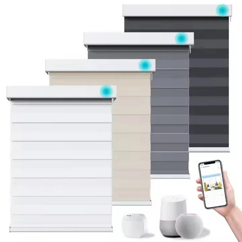 

Customized Blinds Double Layer Waterproof Blackout Fabric Connect Phone Intelligent Control Motorized Zebra Blinds For Window
