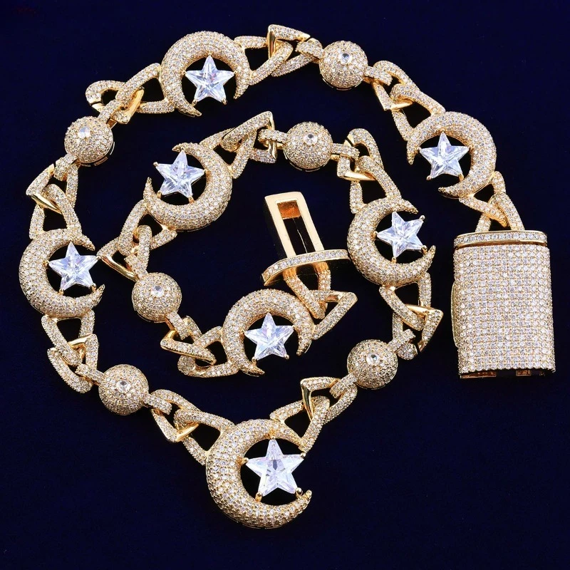 

moonstarchain Hip Hop Iced Out CZ Necklace Sparkling Luxury Moon and Star Party Cuban Chain Jewelry For Men Women Gifts