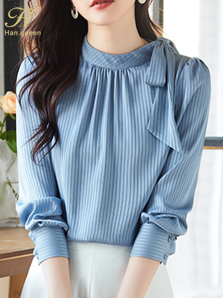 H Han Queen Simple Spring Elegant Blouses Womens Loose Casual Vintage Shirts Office Long Sleeve Tops Korean Reviews Many Clothes