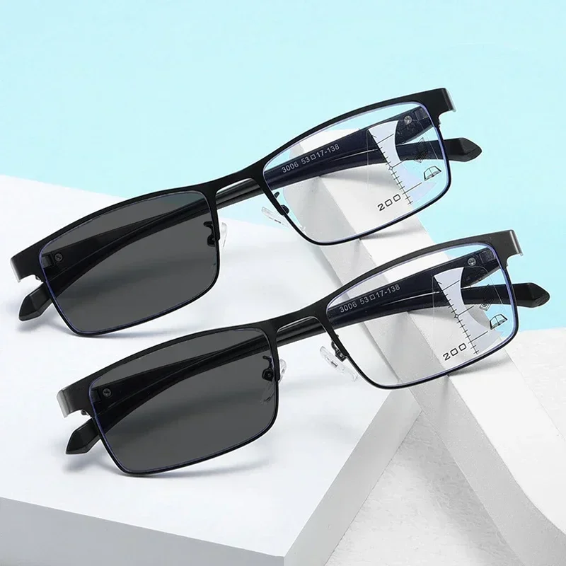 Progressive Multifokale Photochrome Lesebrille Anti-blau Licht Weit Anblick Gläser Männer Halb Rahmen Business Presbyopie Brille – Detail 3