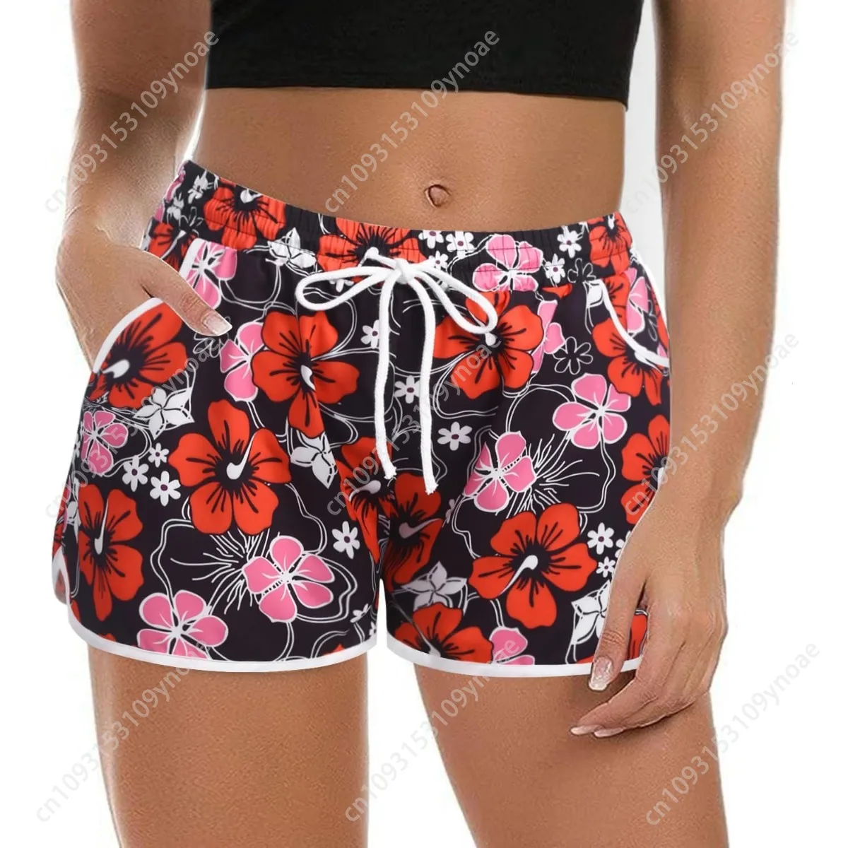 Tropical Fruit Flowers Print Women Quick Dry Surf Shorts Solid Stretch Swim Scanties Retro Bathing Suit Panties with Pockets