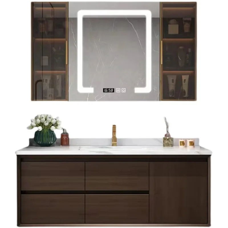New Chinese bathroom cabinet Modern simple washbasin cabinet combination Solid wood hand wash station Bathroom smart mirror cabi