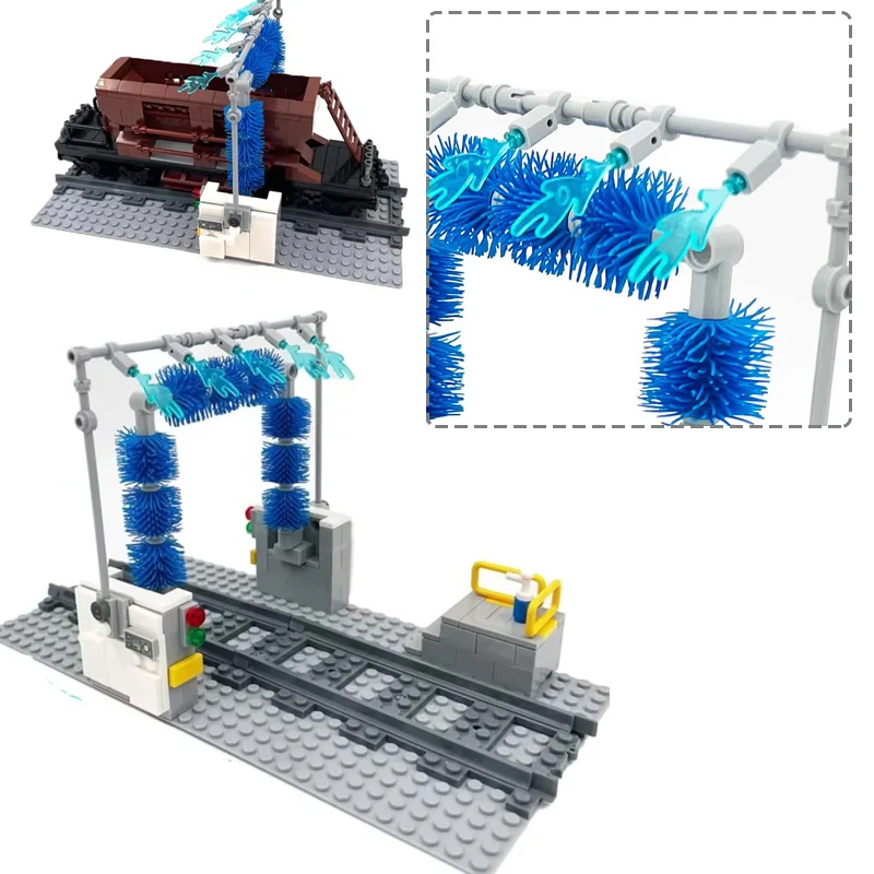 シーントレイン洗車場モデルビルディングブロックパーツリンスブラシ列車車両男の子組み立て教育MOCレンガおもちゃギフト