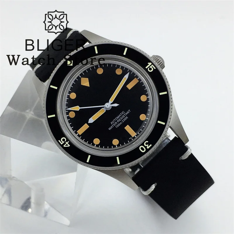 BLIGER 40mm Vintage 50 FATHOMS Automatic Diver Watch For Men NH35 PT5000 Movt Dome Sapphire Glass Sandblast Case Leather Strap