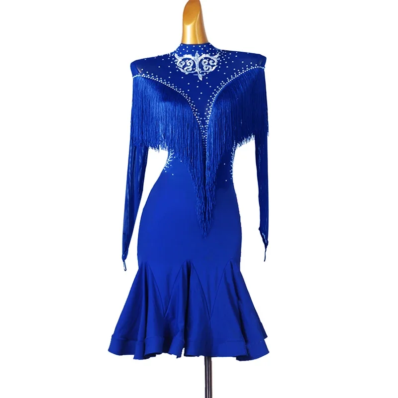 

Women‘s Latin Dance Dress Sexy Tassel Crystals Rhinestones Performance Long Sleeves Rumba ChaCha Dancewear