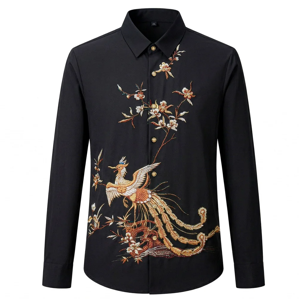 Brand 3D Floral Rhinestone Long Sleeved Shirt for Men Chinese Style Casual Business Social Shirts Social Party Camisa Masculina