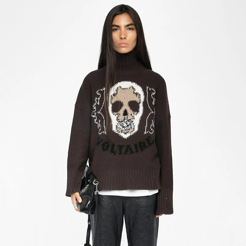 

25 Winter New Skull Pattern Jacquard Cashmere Knitted Sweater Turtleneck Women's Sweater