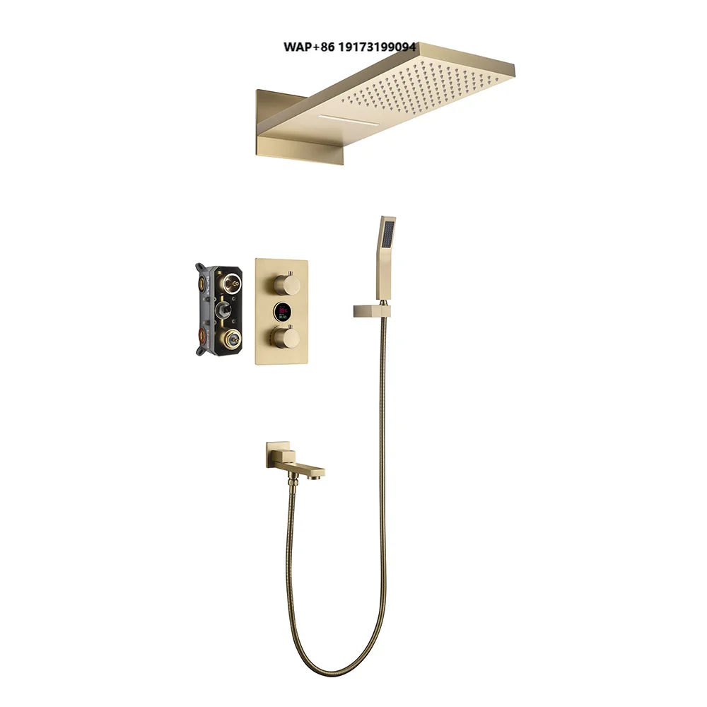Complete Concealed Thermostatic Rainfall Showerhead Set Wall-Mounted Brass Brushed Nickel Faucet System for Bathrooms