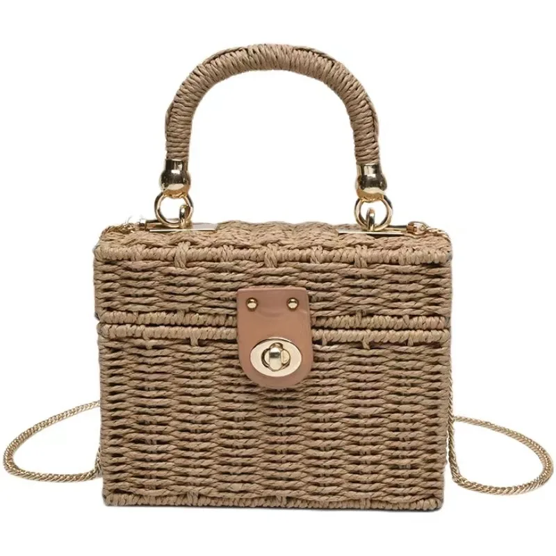 New rattan black straw Shoulder Bag Women hand-woven Messenger Bag Summer Beach Square box Straw Handbag For lady Bolsa Feminina