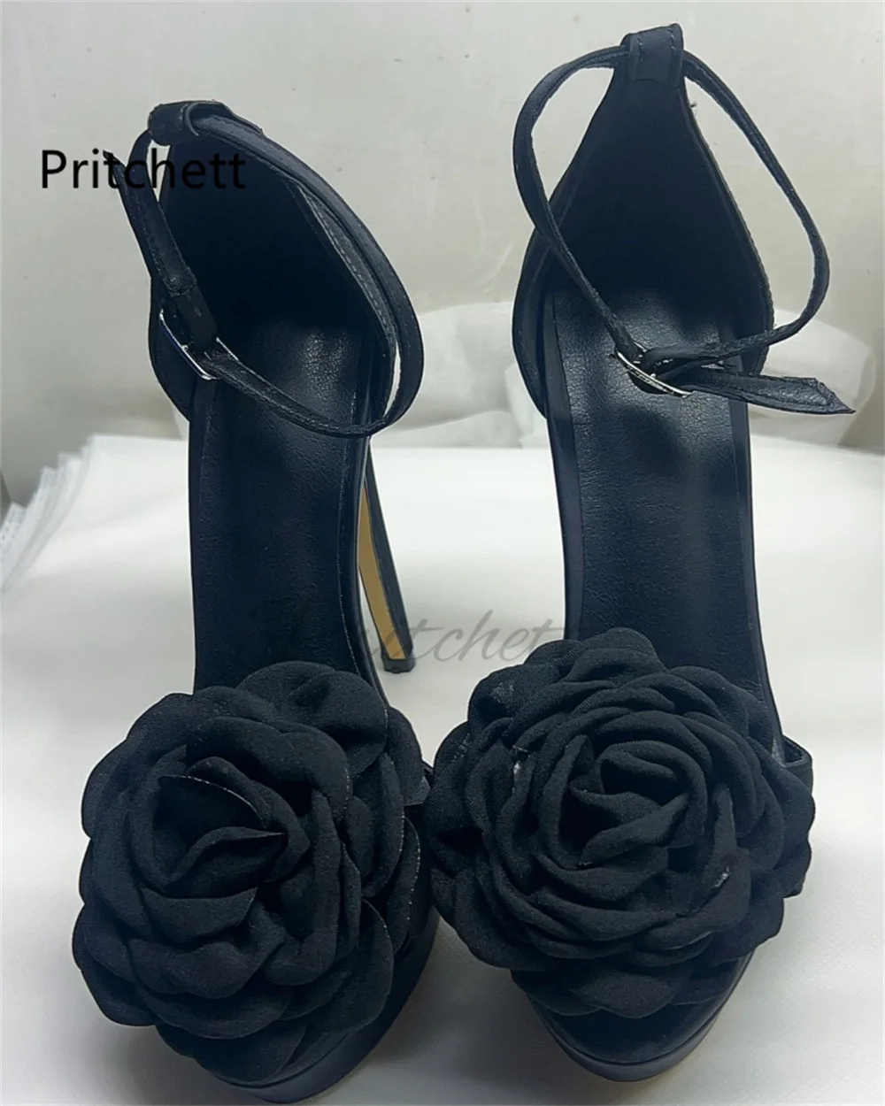 Red Black Satin Flowers Sandals for Women Elegant Platform Open Toe Ankle Strap Stiletto High Heels Elegant Wedding Party Shoes
