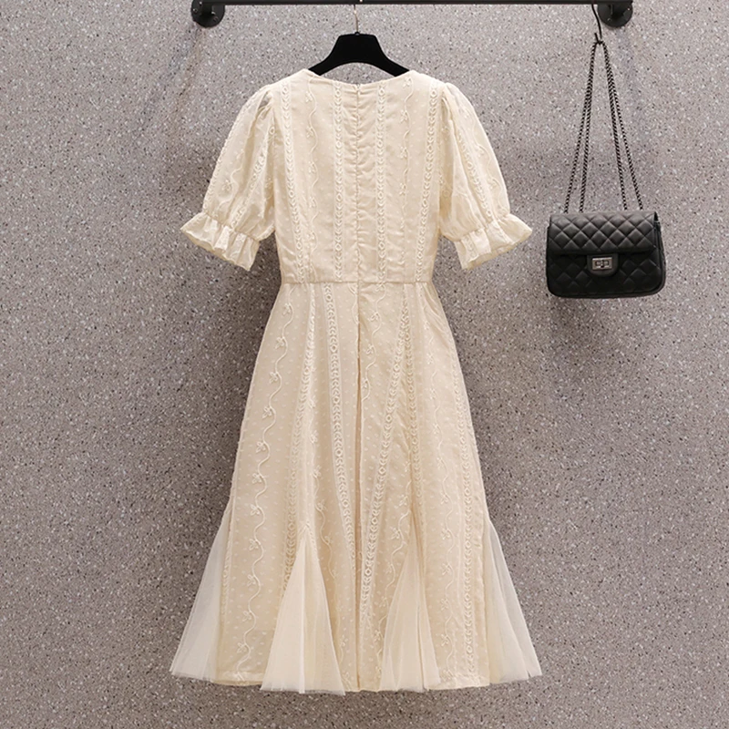 EHQAXIN 2024 Summer New Women's Dress Fashion Gentle Korean Mesh Beaded Embroidery Elegant A-Line Dresses For Ladies M-4XL