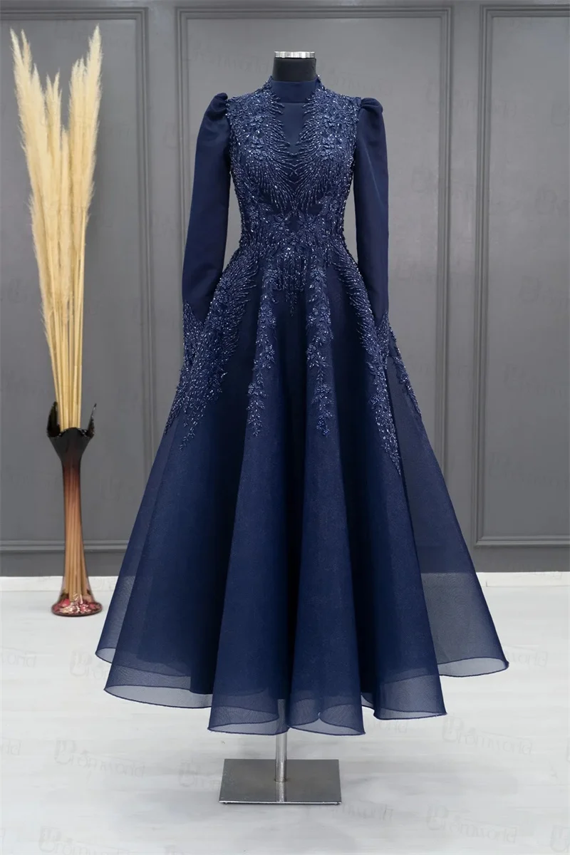 Navy Blue Lace Beaded Muslim Evening Gowns A-Line High Neck Ankle-Length Hijab Formal Prom Dresses Long Sleeves Robes De Soirée