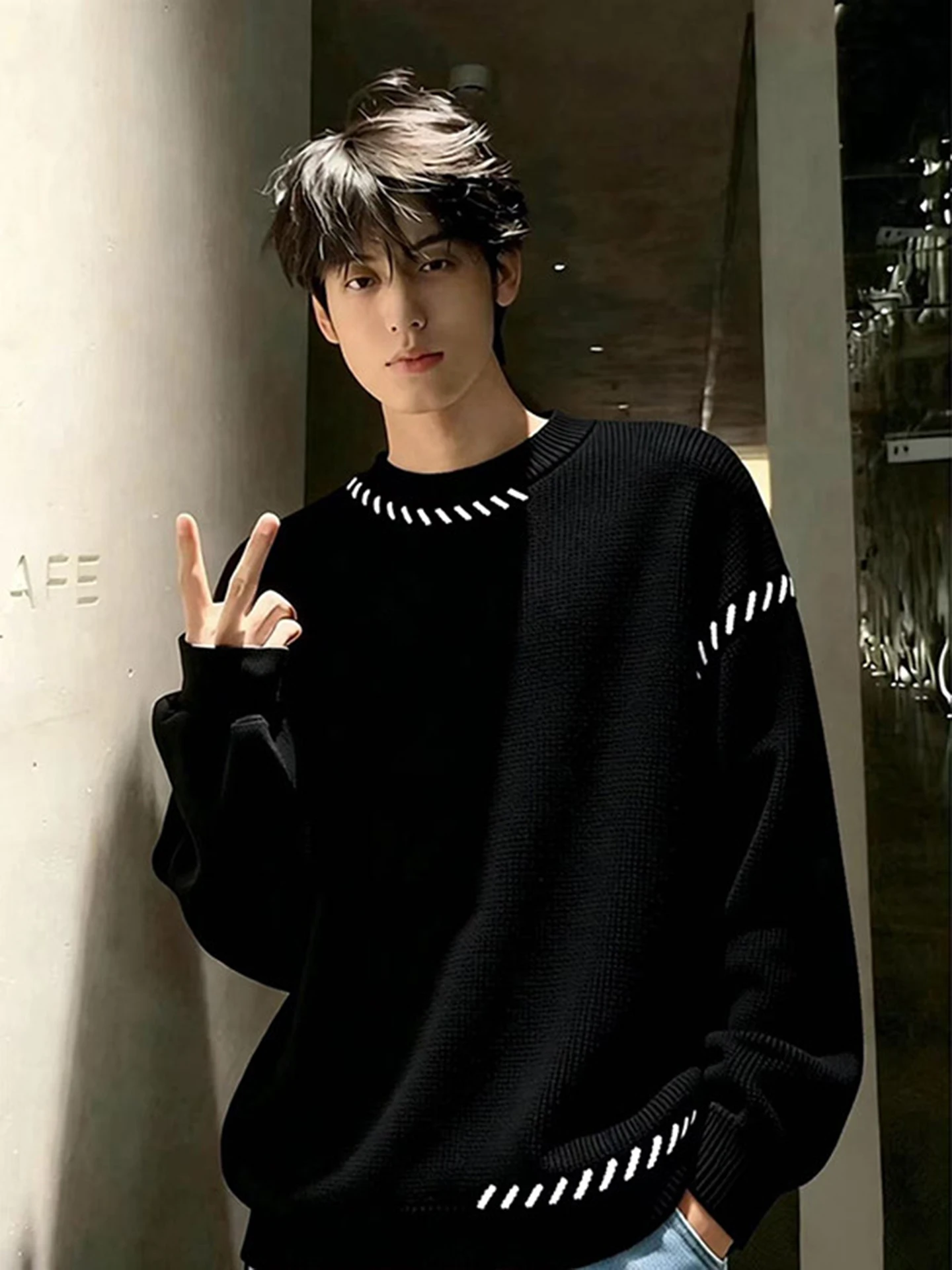 

American Stitched Patchwork round Ne Knitwear Men's Loose Lazy High-End Inner Wear Base irt Casual Winter Long Sve